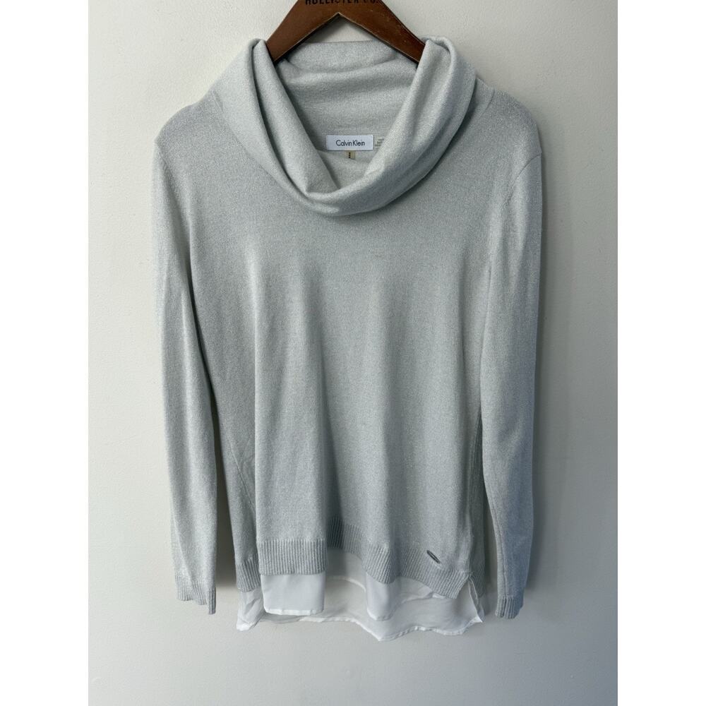 Calvin Klein Womens Tunic Top Size M Silver White Metallic Long Sleeve Cowl Neck